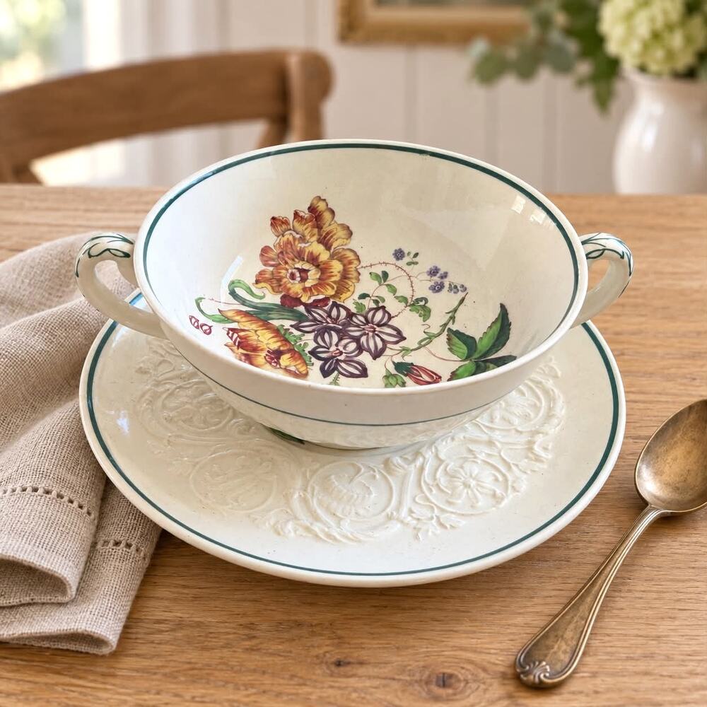 Vintage Wedgwood Floral A6793 Cream Soup Bowl Underplate Etruria England Antique